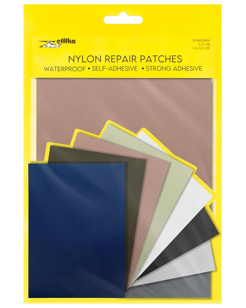 ZEFFFKA Nylon Self-Adhesive Repair Patches 8 Pack Waterproof Durable 5x7 Inch Fabric Patches for Jackets Tents Backpacks Sleeping Bags Clothing 8 Assorted Colors No Ironing Easy Fix - Image 1